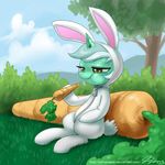 carros carrot cloud clouds costume cyan_body eating equine female feral fluffy_tail forest friendship_is_magic grass hair horn horse john_joseco lagomorph lyra_(mlp) lyra_heartstrings_(mlp) mammal my_little_pony outside pony rabbit sitting smile solo tree two_tone_hair unicorn yellow_eyes zipper 
