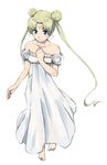  bare_shoulders barefoot bishoujo_senshi_sailor_moon blonde_hair blue_eyes blush crescent double_bun dress gown kakitabetai long_dress long_hair princess_serenity solo strapless strapless_dress tsukino_usagi twintails white_dress 