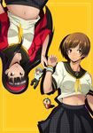  2girls amagi_yukiko belly_peek black_eyes black_hair blush brown_eyes brown_hair cardigan hairband highres kuma_(persona_4) long_hair midriff multiple_boys multiple_girls narukami_yuu navel persona persona_4 satonaka_chie school_uniform short_hair simple_background sweatband taru_neko yellow_background 