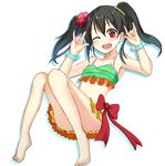  ;d \m/ barefoot bikini black_hair bow double_\m/ flower full_body hair_ornament hibiscus looking_at_viewer love_live! love_live!_school_idol_project midriff natsuiro_egao_de_1_2_jump! navel okutomi_fumi one_eye_closed open_mouth pose red_eyes short_hair simple_background smile solo swimsuit twintails white_background yazawa_nico 