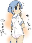  1girl ass blue_eyes blue_hair blush from_behind hair_cubes hair_ornament looking_at_viewer looking_back naganohara_mio nichijou panties pink_panties school_uniform short_hair skirt skirt_removed solo sweat translation_request twintails underwear undressing zubatto 