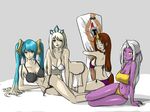  absurdres aqua_hair bad_anatomy bikini blonde_hair blue_eyes breasts brown_hair cameo cleavage closed_eyes dakimakura dakimakura_(object) hair_ornament highres horn janna_windforce large_breasts league_of_legends leona_(league_of_legends) long_hair multicolored_hair multiple_girls pantheon_(league_of_legends) pillow pillow_hug platinum_blonde_hair pointy_ears purple_skin smile sona_buvelle soraka swimsuit thighhighs two-tone_hair underwear underwear_only very_long_hair white_hair yellow_eyes 