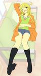  ahoge arm_up blonde_hair breasts cardigan couch feet full_body green_eyes highres hoshii_miki idolmaster idolmaster_(classic) jewelry katte_ni_kappa long_hair looking_at_viewer lying medium_breasts necklace on_back one_eye_closed open_cardigan open_clothes open_mouth shorts smile socks solo 