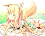  animal animal_ears ass barefoot blonde_hair collarbone dress eyebrows_visible_through_hair eyes_visible_through_hair fox fox_ears fox_tail green_eyes long_hair lying no_panties on_bed on_stomach original peragura sleeping smile solo tail 