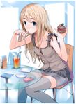  absurdres blonde_hair blue_eyes chair drink drinking_straw eyebrows food frills fruit fuyuno_haruaki grey_legwear highres k-on! kotobuki_tsumugi long_hair macaron scan shirt sitting skirt sleeveless sleeveless_shirt solo table thick_eyebrows thighhighs 