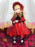 blonde_hair blue_eyes bonnet cup curtains doll_joints dress drill_hair flower highres long_hair mary_janes pantyhose red_flower red_rose rose rozen_maiden shinku shoes sitting solo teacup traditional_media tuzki twintails very_long_hair white_legwear window 