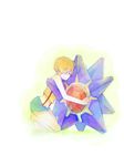  closed_eyes gen_1_pokemon hug kasumi_(pokemon) kneeling orange_hair pokemon pokemon_(anime) pokemon_(creature) shorts side_ponytail simple_background smile starmie suspenders tegaki white_background 