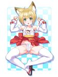  animal_ears bare_shoulders checkered checkered_background detached_sleeves eyebrows fox_ears front-tie_top full_body fundoshi green_eyes japanese_clothes looking_at_viewer lying open_mouth original sandals shoes shouni_(sato3) single_shoe skirt solo thick_eyebrows thighhighs 