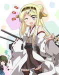  ;d =_= akatoro_(nightlord) black_hair blonde_hair blush boots closed_eyes cosplay detached_sleeves hair_ornament hairband hairclip japanese_clothes kantai_collection kin-iro_mosaic kongou_(kantai_collection) kongou_(kantai_collection)_(cosplay) kujou_karen long_hair multiple_girls one_eye_closed oomiya_shinobu open_mouth purple_eyes school_uniform seiyuu_connection short_hair smile thigh_boots thighhighs touyama_nao x_hair_ornament zettai_ryouiki 