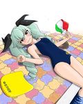  anchovy aqua_hair brown_eyes competition_school_swimsuit drill_hair flag_print girls_und_panzer hair_ribbon hat highres italian_flag kickboard long_hair lying one-piece_swimsuit pool ribbon school_swimsuit solo striped_hat swim_cap swimsuit tears twin_drills twintails yamucya01 