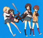  :o a_channel absurdres angry baseball_bat black_hair black_legwear blonde_hair blue_background brown_eyes brown_hair cardigan full_body glasses hands_in_pockets highres ichii_tooru kneehighs kuroda_bb long_hair momoki_run multiple_girls necktie nishi_yuuko official_art red_legwear school_uniform shoes short_hair sleeves_past_wrists striped striped_background sweater tennouji_nagisa thighhighs uwabaki white_legwear zettai_ryouiki 