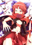  bad_id bad_pixiv_id banned_artist blush bow breasts cape hair_bow kisaragi_zwei medium_breasts midriff navel no_bra no_panties one_eye_closed red_eyes red_hair sekibanki shirt skirt solo torn_clothes torn_shirt torn_skirt touhou wince 