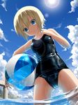  ball beachball blonde_hair blue_eyes blush breasts cloud day erica_hartmann haribote_(tarao) medium_breasts one-piece_swimsuit partially_submerged school_swimsuit shiny shiny_clothes short_hair skindentation sky solo strike_witches sunlight swimsuit wading water wet wet_clothes wet_swimsuit world_witches_series 