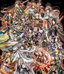  6+boys armor black_background blonde_hair bow_(weapon) breastplate brown_hair cowboy_shot everyone fan flower haru_(toyst) hat headband highres hime_cut holding holding_sword holding_weapon japanese_armor lance lily_(flower) long_hair looking_at_viewer multiple_boys multiple_girls official_art onimusha_soul outstretched_arm polearm short_hair simple_background spear standing sword tate_eboshi weapon white_hair 