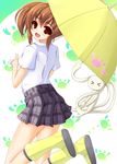  :d aiura amaya_kanaka blush boots brown_eyes brown_hair jumping looking_back nagi_uru open_mouth plaid plaid_skirt rubber_boots school_uniform short_hair side_ponytail skirt smile solo stuffed_animal stuffed_bunny stuffed_toy umbrella 