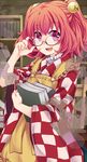  adjusting_eyewear apron bell blush book checkered clothes_writing glasses hair_bell hair_ornament japanese_clothes jingle_bell long_sleeves looking_at_viewer motoori_kosuzu open_mouth red_eyes red_hair rimu_(kingyo_origin) romaji short_hair smile smoke solo touhou two_side_up wide_sleeves 