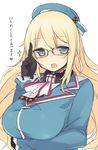  atago_(kantai_collection) bespectacled blonde_hair blue_hat blush breasts glasses gloves green_eyes hat heart index_finger_raised kantai_collection large_breasts long_hair nekoume solo translated 