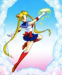  :d absurdres anime_coloring back_bow bishoujo_senshi_sailor_moon blonde_hair blue_eyes blue_sailor_collar blue_skirt boots bow choker doily double_bun earrings elbow_gloves full_body gloves gradient gradient_background hair_ornament highres jewelry jumping knee_boots long_hair looking_back magical_girl official_art open_mouth pleated_skirt pose red_bow red_choker red_footwear sailor_collar sailor_moon sailor_senshi_uniform skirt smile solo sparkle tsukino_usagi twintails white_gloves 