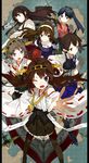  ahoge aircraft airplane akagi_(kantai_collection) arrow ashigara_(kantai_collection) bare_shoulders blue_eyes blue_hair blush brown_hair hair_ornament hairband headband hiei_(kantai_collection) highres houshou_(kantai_collection) japanese_clothes kaga_(kantai_collection) kantai_collection karei kongou_(kantai_collection) long_hair looking_at_viewer map multiple_girls muneate nontraditional_miko open_mouth outstretched_arm ponytail ship side_ponytail skirt smile watercraft 
