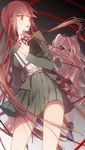  book carrying danganronpa danganronpa/zero danganronpa_1 enoshima_junko hair_ornament highres io_(sinking=carousel) long_hair multiple_girls necktie otonashi_ryouko pencil pink_hair red_eyes red_hair school_uniform skirt sleeves_rolled_up twintails very_long_hair 