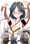  armpits arms_up bar_censor bare_shoulders black_hair blue_eyes blush breasts censored clearite glasses green-framed_eyewear hair_ornament highres japanese_clothes kantai_collection kirishima_(kantai_collection) looking_at_viewer medium_breasts restrained semi-rimless_eyewear short_hair solo_focus trembling under-rim_eyewear wrist_grab 