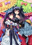  artist_name bare_shoulders black_hair black_legwear bow breasts bridal_gauntlets cleavage dress elbow_gloves frilled_dress frills gloves gradient_hair hair_ornament hair_ribbon highres kneehighs long_hair looking_at_viewer medium_breasts multicolored_hair multiple_girls neptune_(series) noire open_mouth red_eyes ribbon siblings signature sisters smile thighhighs twintails two_side_up uni_(choujigen_game_neptune) villyane 