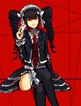  absurdres black_hair black_legwear bonnet card celestia_ludenberck crossed_legs danganronpa danganronpa_1 drill_hair gothic_lolita highres lolita_fashion long_hair necktie red_eyes red_seiryu sitting skirt smile solo thighhighs twin_drills twintails 