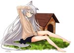  ;q abe_kanari animal_ears bare_legs barefoot dog_ears doghouse grass green_eyes long_hair one_eye_closed original school_uniform silver_hair sitting skirt sleeves_past_wrists solo sweater tongue tongue_out very_long_hair 