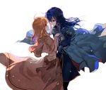  1girl bad_id bad_pixiv_id blue_eyes blue_hair blush brown_eyes cape capelet celice_(fire_emblem) couple dress fire_emblem fire_emblem:_seisen_no_keifu gloves hetero holding_hands imminent_kiss lana_(fire_emblem) long_hair looking_at_another orange_hair short_hair simple_background smile white_background yori_(tr) 