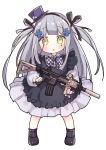  1girl :o assault_rifle bangs black_dress black_footwear black_legwear blush bow checkered checkered_bow chibi collared_shirt commentary_request dress dress_shirt eyebrows_visible_through_hair facial_mark frilled_dress frills full_body girls_frontline green_eyes gun hat heckler_&amp;_koch hk416 hk416_(girls_frontline) holding holding_gun holding_weapon long_hair long_sleeves looking_at_viewer mini_hat mini_top_hat parted_lips puffy_long_sleeves puffy_sleeves purple_hat rifle shirt shoes sidelocks silver_hair simple_background sleeveless sleeveless_dress socks solo standing tilted_headwear top_hat tsuka two_side_up very_long_hair weapon white_background white_shirt 