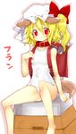  angelo_(gomahangetsu) animal_ears backpack bag bare_legs bare_shoulders barefoot blonde_hair blush character_name collar covered_navel dog_ears dog_tail flandre_scarlet hat highres kemonomimi_mode mob_cap one-piece_swimsuit randoseru red_eyes school_swimsuit short_hair side_ponytail simple_background sitting solo swimsuit tail touhou vaulting_horse white_background white_swimsuit 