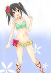  bad_id bad_pixiv_id bikini black_hair blue_background blush cross-laced_footwear earrings floral_background flower frilled_bikini frills fuuma_(humawww) gradient gradient_background hair_flower hair_ornament hibiscus highres jewelry long_hair looking_at_viewer love_live! love_live!_school_idol_project natsuiro_egao_de_1_2_jump! navel necklace open_mouth red_eyes ribbon smile solo swimsuit twintails v yazawa_nico 