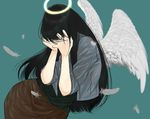  angel_wings black_hair blue_background casual feathered_wings feathers haibane_renmei halo long_hair reki sad simple_background solo torisoboro wings 