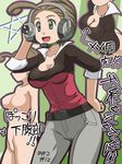  1girl awa breasts brown_hair cleavage green_eyes headphones headset pansy_(pokemon) pokemon pokemon_(game) pokemon_xy reporter translation_request 