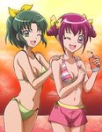  ;d beach bikini bikini_shorts breasts cleavage cowboy_shot double_bun drill_hair drink evening eyelashes green_bikini green_eyes green_hair hands_on_another's_shoulders hanzou hoshizora_miyuki long_hair male_swimwear midorikawa_nao multiple_girls navel ocean one_eye_closed open_mouth pink_eyes pink_hair ponytail precure short_hair shorts smile smile_precure! sunset swim_trunks swimsuit swimwear water 