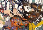  barefoot blue_eyes blush brown_hair falling fish hair_ornament japanese_clothes kimono long_hair original ribbon solo surreal tsukioka_tsukiho twintails 