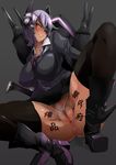  absurdres black_legwear blush body_writing boots breasts cameltoe clitoris cover cover_page doujin_cover eyepatch grin headgear highres kantai_collection labia large_breasts looking_at_viewer necktie panties pubic_stubble purple_hair school_uniform short_hair skirt smile solo spread_legs squatting steam takatoo_kurosuke tenryuu_(kantai_collection) thighhighs thong translation_request underwear yellow_eyes 