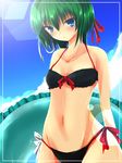  alternate_costume bad_id bad_pixiv_id bikini black_bikini blue_eyes blush cloud collarbone day frame green_hair hair_ribbon highres innertube lens_flare looking_at_viewer navel nekominase ribbon shiki_eiki short_sleeves side-tie_bikini solo swimsuit touhou 