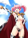  animal_print areola_slip areolae armpits bell breasts brown_eyes cape cleavage cloud cow_bell cow_horns cow_print day earrings hand_on_hip hataraku_maou-sama! highres horns jewelry large_breasts open_mouth pink_hair pointing pointy_ears sasaki_chiho short_hair short_twintails shoulder_pads sky solo suzu-batsu twintails 