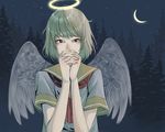  angel_wings blonde_hair brown_eyes covering_mouth crescent_moon feathered_wings forest haibane_renmei halo hands_clasped moon nature night own_hands_together rakka sailor_collar school_uniform serafuku short_hair short_sleeves solo torisoboro wings 