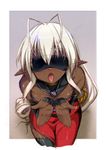  1girl ahoge blindfold dark_skin female from_above kouki_kuu open_mouth sansei_muramasa solo soukou_akki_muramasa tongue white_hair 