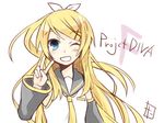  blonde_hair blue_eyes blush future_style_(module) grin kagamine_rin long_hair looking_at_viewer one_eye_closed project_diva_(series) project_diva_f simple_background smile solo tamura_hiro v very_long_hair vocaloid white_background 