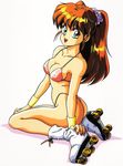  1girl 80s absurdres ass bikini bracelet breasts brown_hair covered_nipples erect_nipples green_eyes highres jewelry long_hair looking_at_viewer micro_bikini microbikini mon-mon_(miyazaki_kenjin) official_art oldschool pink_bikini ponytail roller_shoes roller_skates sideboob skates smile solo swimsuit twintails 