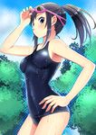  bad_id bad_pixiv_id black_hair blue_eyes breasts brown_eyes cloud day goggles goggles_on_head hand_on_hip medium_breasts nashigaya_koyomi one-piece_swimsuit original ponytail school_swimsuit sky solo swimsuit tree wet wet_clothes wet_swimsuit 