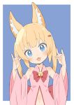  1girl :3 absurdres animal_ears bangs bare_shoulders bell blonde_hair blue_background blush bow bowtie detached_sleeves donguri_suzume eyebrows_visible_through_hair fox_ears fox_shadow_puppet hair_ornament hairclip head_tilt highres hinata_channel jingle_bell long_sleeves looking_at_viewer navel nekomiya_hinata open_mouth pink_vest red_neckwear simple_background solo twintails upper_body vest wide_sleeves 