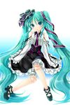  aqua_hair bad_id bad_pixiv_id blue_eyes detached_sleeves doll_joints hair_ribbon hat hatsune_miku head_tilt highres long_hair looking_at_viewer mikami_mika necktie ribbon shoes sitting skirt solo twintails very_long_hair vocaloid 