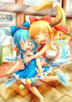  ascot barefoot belt blonde_hair blue_hair blush_stickers cirno closed_eyes dress food horns ibuki_suika ice_cream ice_cream_cone imminent_hug jumping long_hair low-tied_long_hair multiple_girls o_o open_mouth outstretched_arms path road shirt shoes short_hair sign siro_(doraemon40th) skirt sleeveless sleeveless_shirt storefront tears touhou very_long_hair wings 