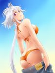  ass bikini blue_eyes breasts butt_crack denim grey_hair halterneck heterochromia jeans lavolpe_(yagisaka_seto) long_hair lowleg lowleg_bikini medium_breasts orange_bikini original pants purple_eyes solo swimsuit undressing very_long_hair yagisaka_seto 