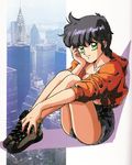  80s black_hair building city denim green_eyes highres jersey looking_at_viewer mon-mon_(miyazaki_kenjin) official_art oldschool photo shoe_laces shoes short_hair shorts sitting topless 