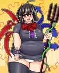 ahoge asymmetrical_wings bad_id bad_pixiv_id black_hair black_legwear blush breasts center_frills double_chin fat highres houjuu_nue large_breasts looking_at_viewer nerizou obese open_mouth panties pointy_ears polearm pulling red_eyes snake sweat thighhighs touhou trident underwear weapon wings yellow_background zettai_ryouiki 
